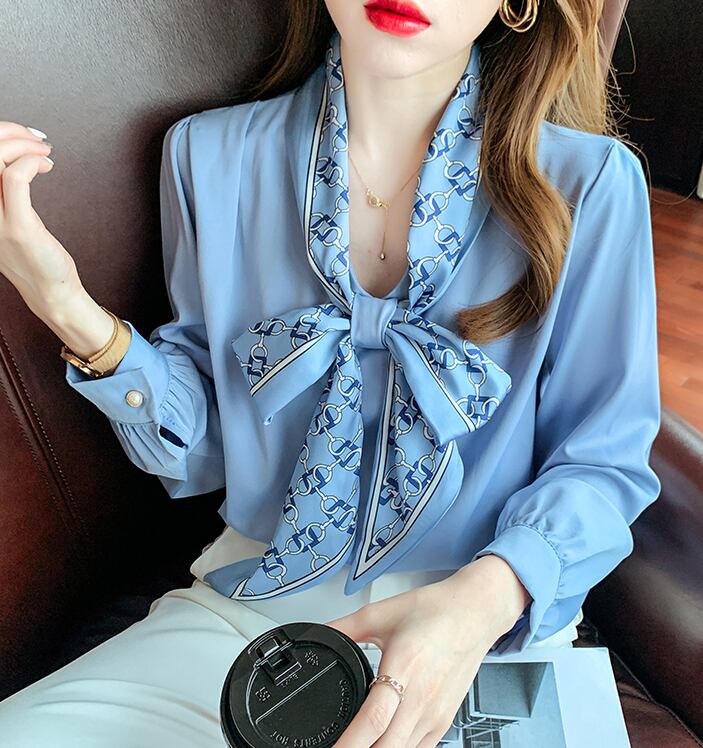 【tops】タイカラー長袖プリント配色ファッションゆったり着回しブラウスF0601