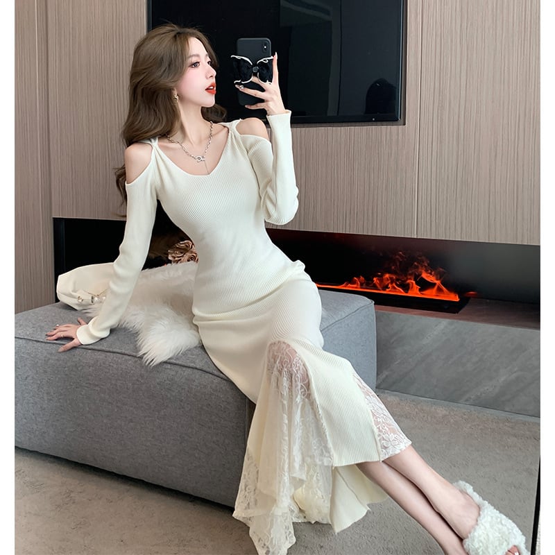 【dress】レースドッキングニットワンピース　M28023