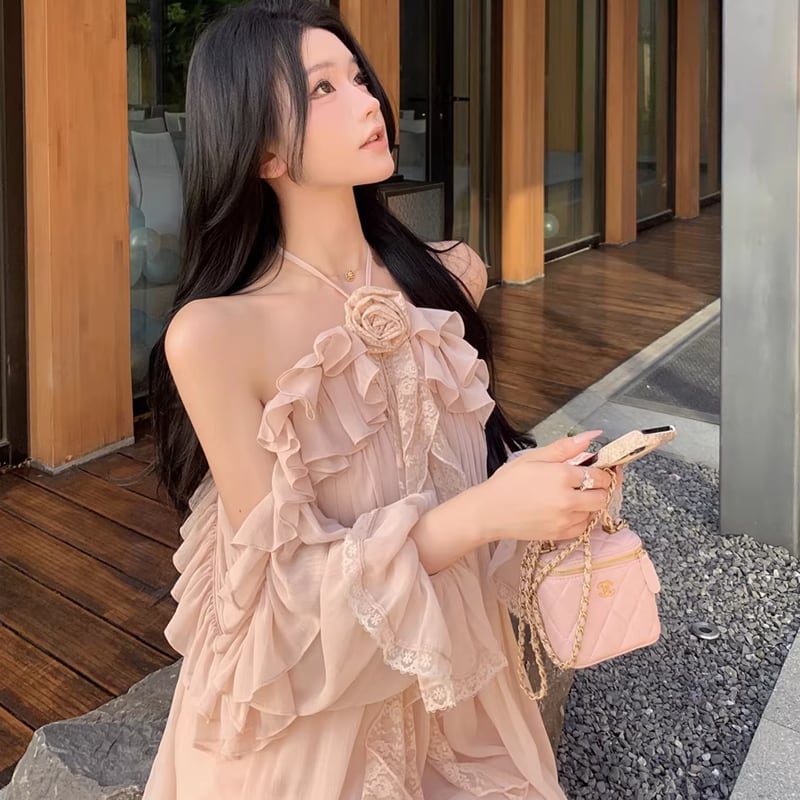 【dress】ホルターネックギャザーフリルミニワンピース Q8317