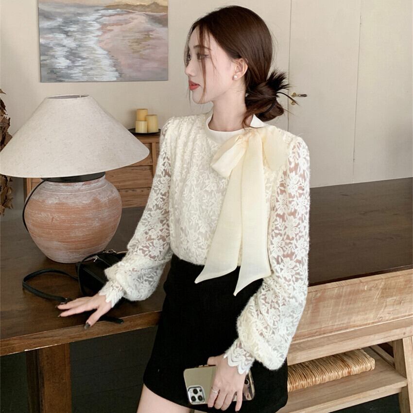 【tops】リボン付き裹起毛レーストップス　M28380