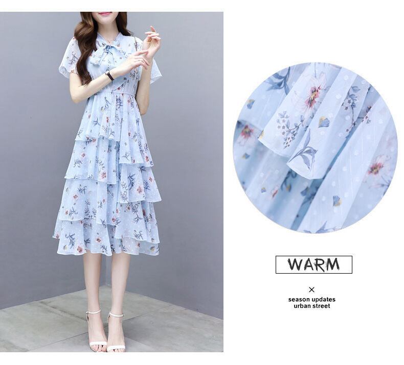 【dress】清新スウィート〜タイカラーフレアスリーブ韓国風ギャザー花柄ワンピースF0296