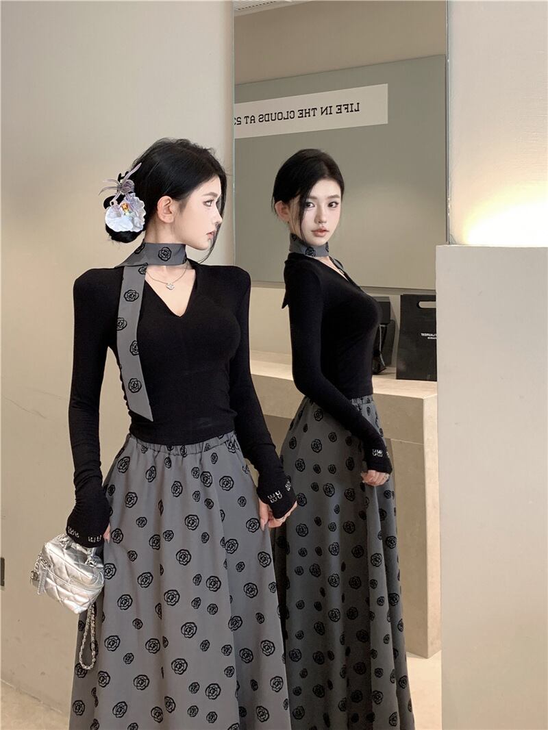 【set】Vネックトップス×スカートセット　M29532