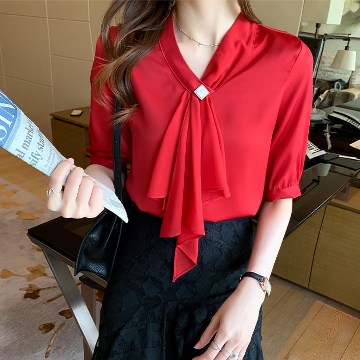 【tops】韓国ファッション2色Vネック半袖無地着回しOL通勤ブラウスF0119