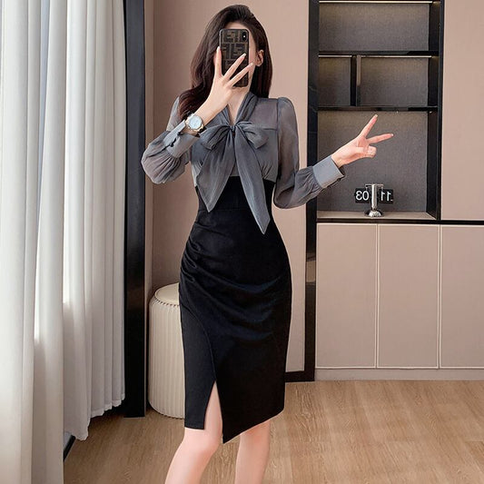 【dress】長袖偽二つ切り替えリボンワンピース G17925