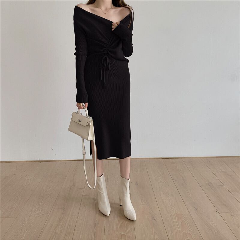 【dress】上品な質感!気質満点体型カバー長袖Vネックニットワンピース G1895