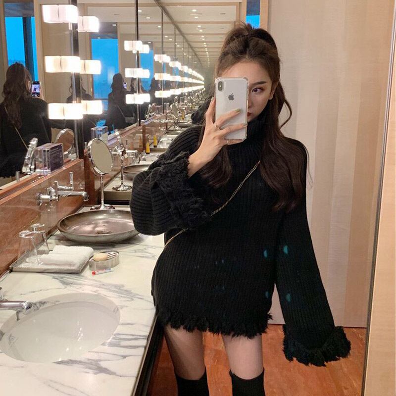 【tops】ハイネック長袖ファッション無地ゆったり着回しニットセーターF0840