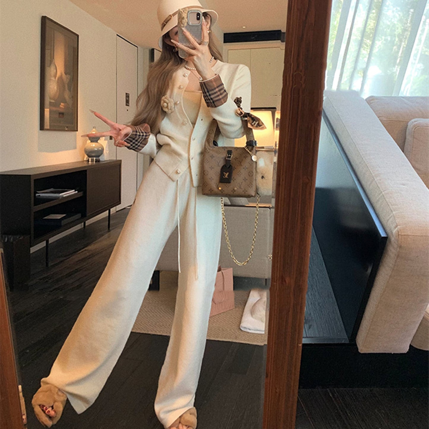 【set】チェック柄切り替えニットカーディガン×ワイドパンツセット　N3307