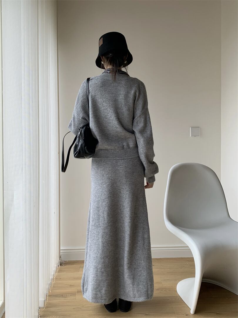 【set】スカーフ付きニットトップス×ロングスカートセット　N3452