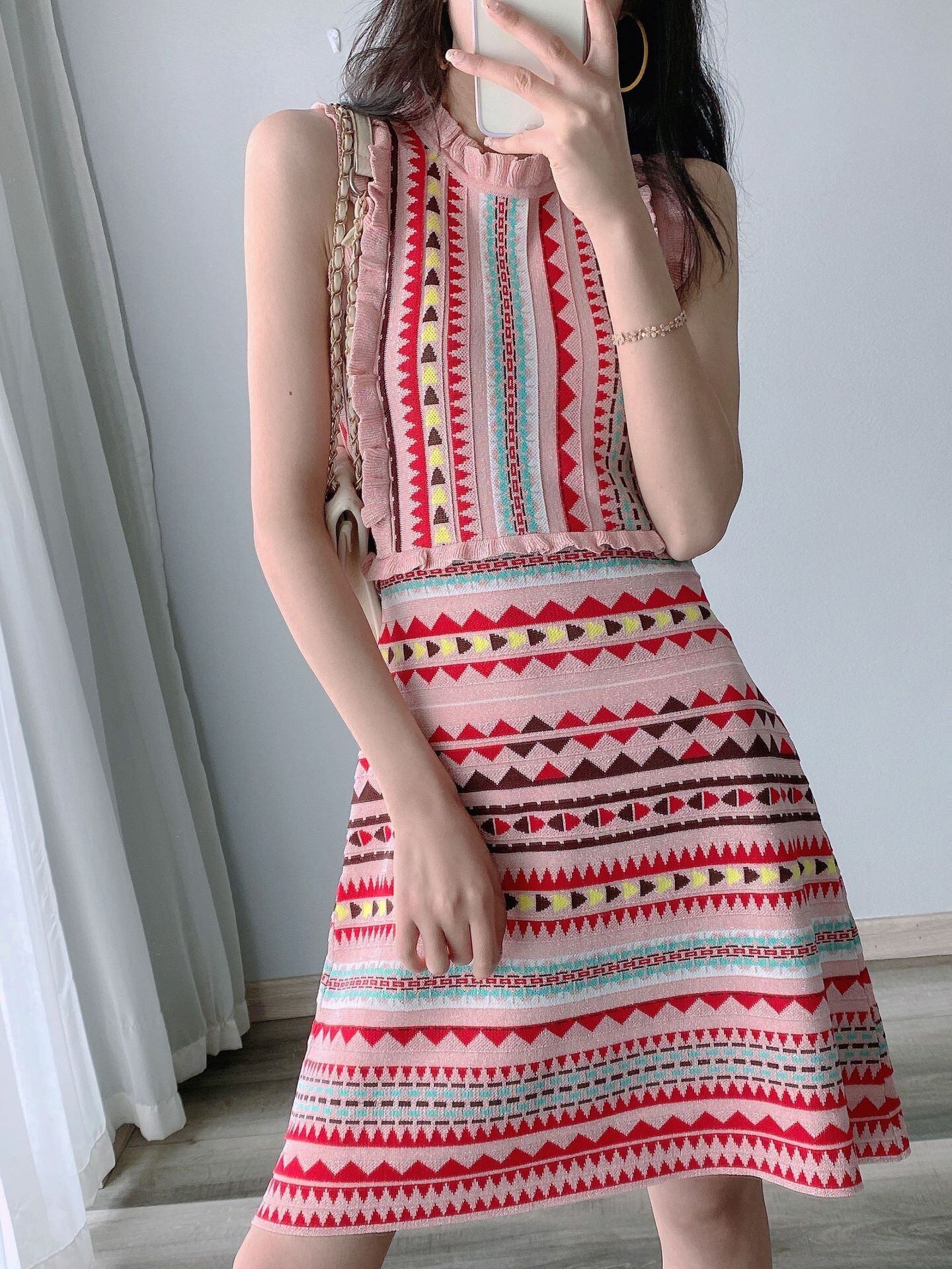 【dress】ファッションストライプ柄切り替え気質満点ノースリーブニット ワンピース G0407