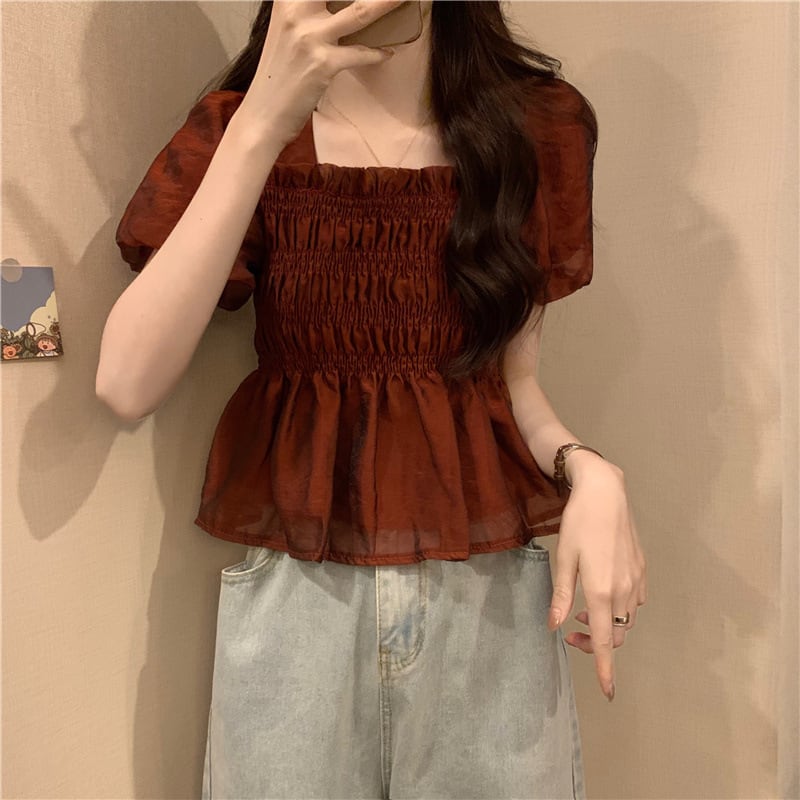 【tops】スクェアネックギャザーブラウスF7543