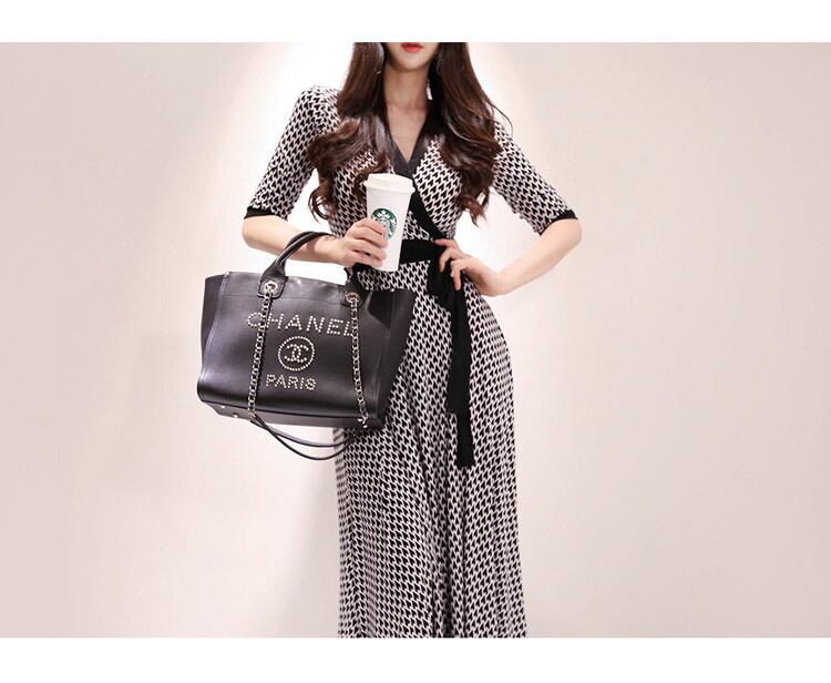 【dress】気質満点レトロ着痩せスリットプリントVネックワンピース