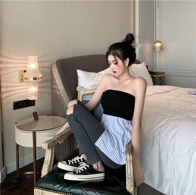 【tops】レトロセクシー気質満点ボートネック切り替え体型カバーストライプ柄シャツ G8793