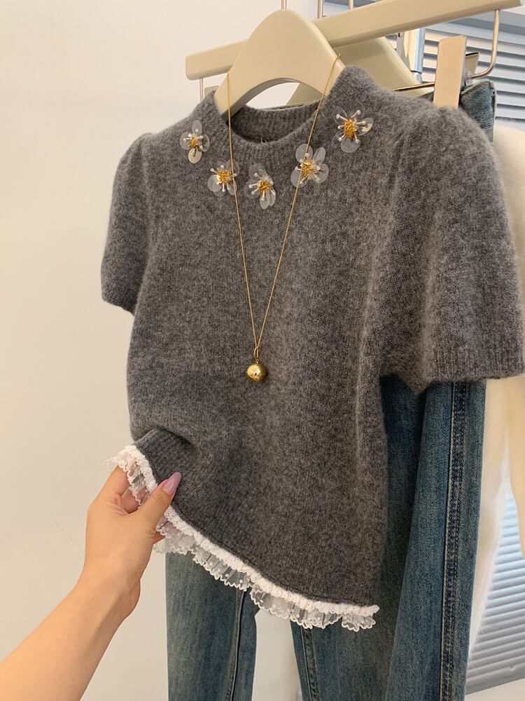 【tops】レース切り替えニットトップス　M29075