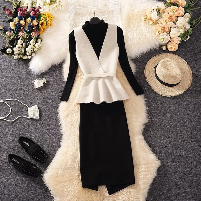 【set】好感度満載！秋冬新作Vネックベスト+無地セーター+美シルエットスカート通勤日常3点セットF1295