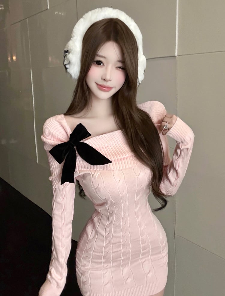 【dress】リボン付きスクエアネックニットワンピース Q7461