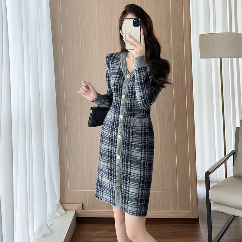 【dress】Vネックニットワンピース Q6780