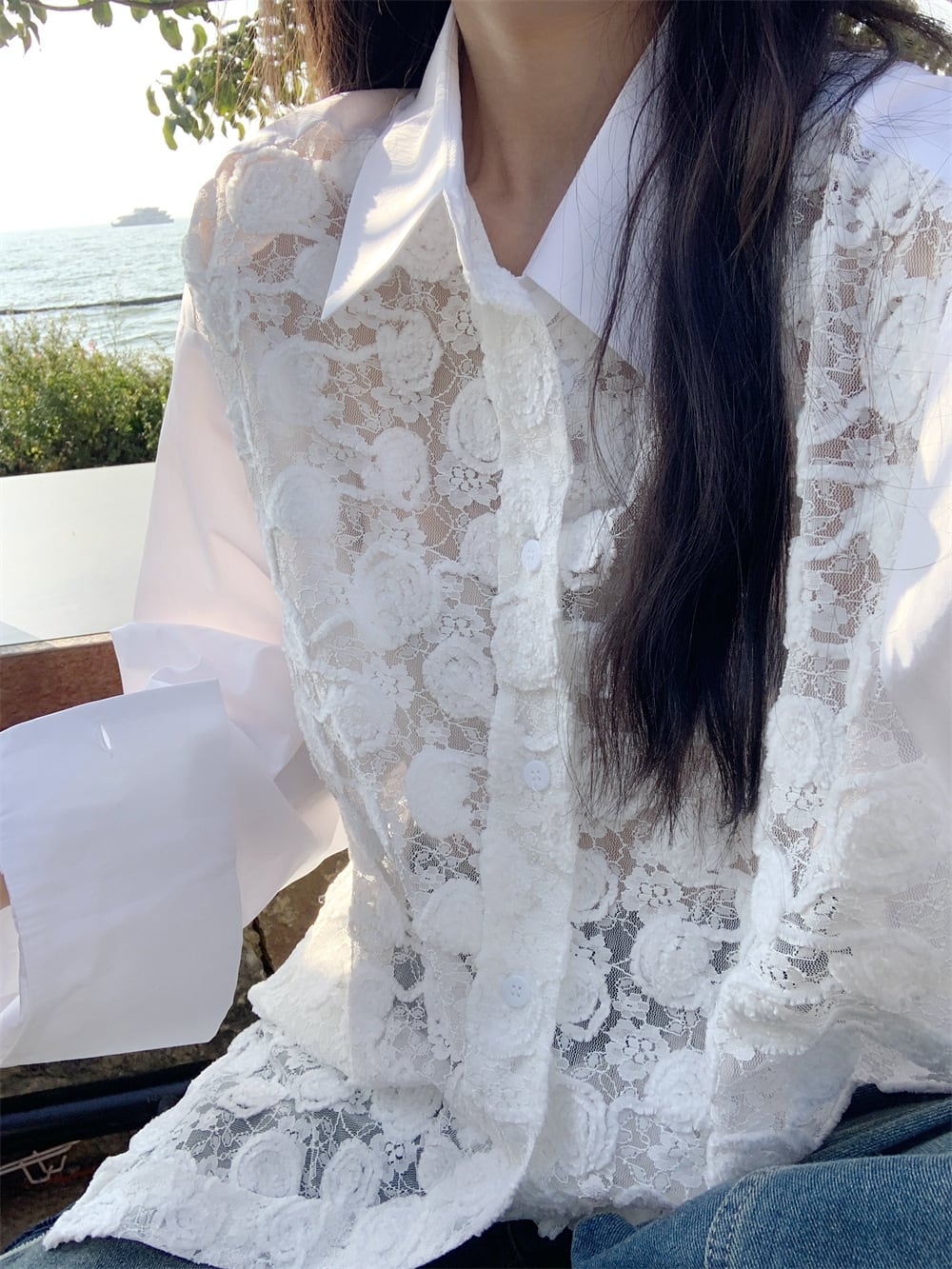 【tops】レース切り替えシャツブラウス　M29788
