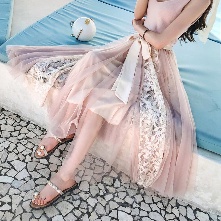 【bottoms】春夏気質アップINS風着痩せハイウエスト花柄メッシュスカート