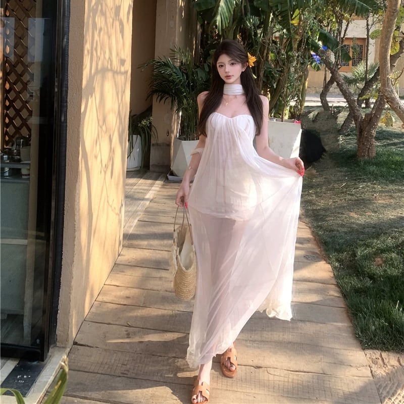 【dress】スカーフ付きシアーチュールチューブワンピース Q8511