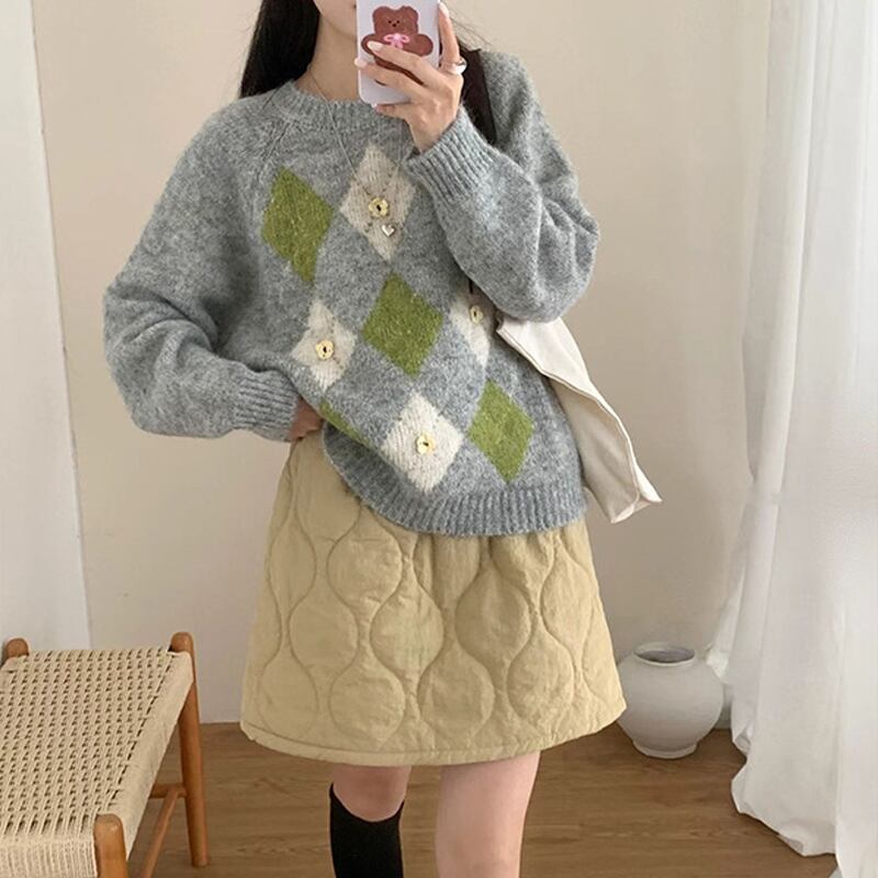 【tops】アーガイルチェックニットトップス Q7145