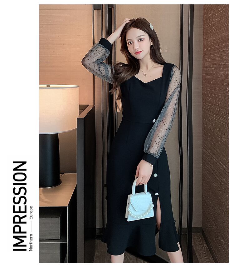 【dress】ファッション!気質満点スクエアネック無地Aライン着痩せワンピース G1660