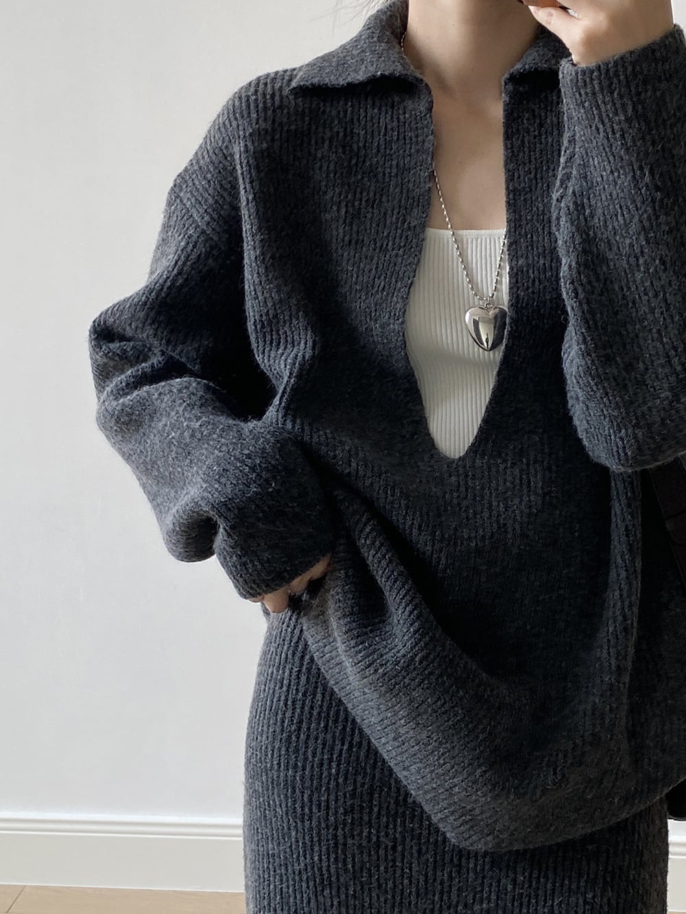 【set】Vネックニットトップス×ロングスカートセット　N3441