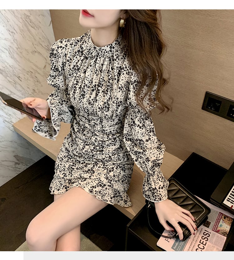 【dress】気質満点 レトロスタンドネックタイト不規則花柄ワンピース G1631