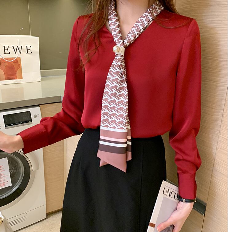 【tops】春新作バンドカラー長袖体型カバーファッションプリント配色シャツF0672