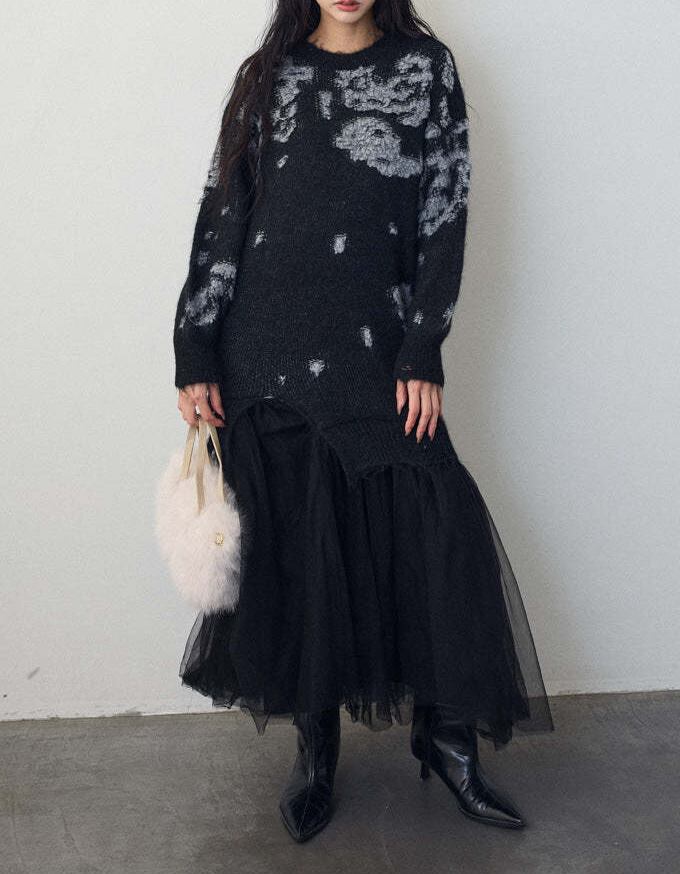 【dress】チュールドッキングロングニットワンピース Q7839