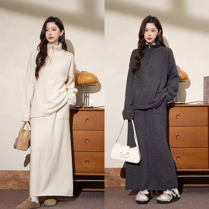 【set】ハイネックニットトップス×ロングスカートセット Q7789