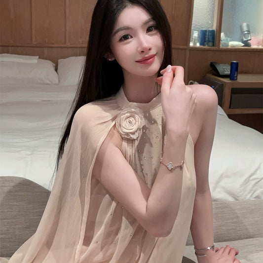 【dress】ラインストーン付きシフォンミニワンピース Q8345