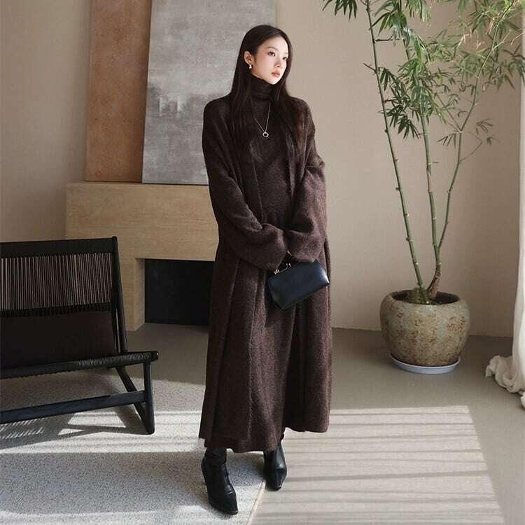 【set】ロング丈カーディガン×ハイネックベスト×スカートニット3点セット　N2743
