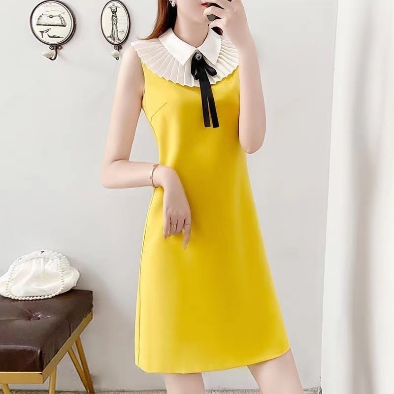 【dress】大人可愛い韓国風INS風POLOネックノースリーブ配色蝶々結びOL通勤タイトンワンピースF2425