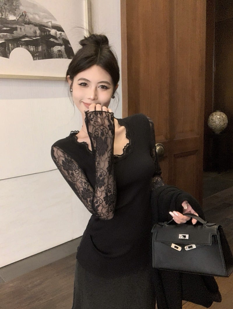 【tops】レース切り替えニットトップス　M27945