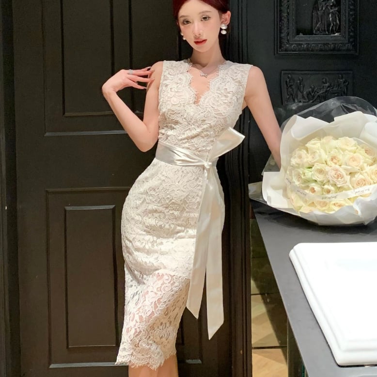 【dress】Vネックレースタイトワンピース G21008
