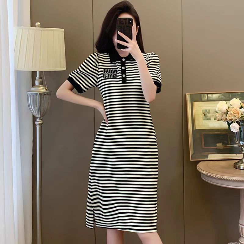 【dress】POLOネックストライプ柄デートワンピースG22488