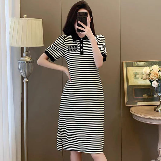 【dress】POLOネックストライプ柄デートワンピースG22488