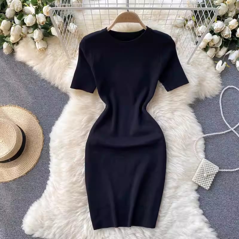 【dress】半袖体型カバーニットワンピースF7525