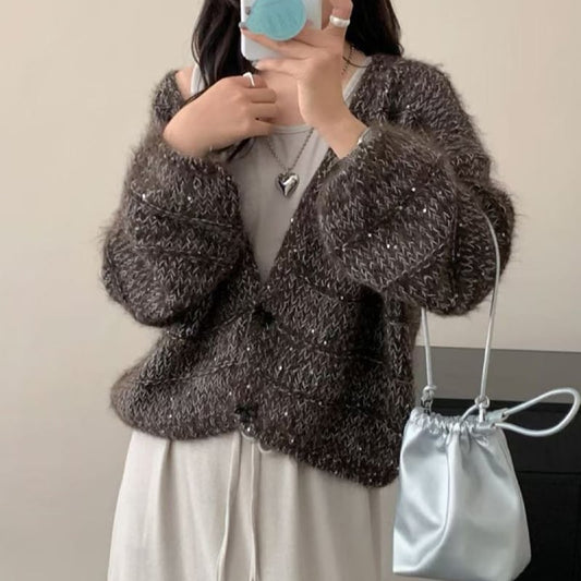 【outer】スパンコール付きニットカーディガン Q8121