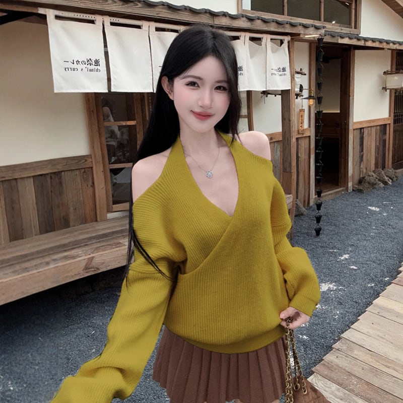 【tops】クロスネックニットトップス Q7109