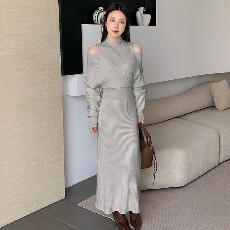 【dress】フェイクレイヤードニットワンピース Q7136