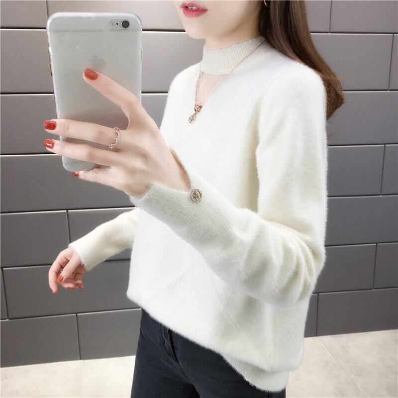 【tops】選べる5色！ハーフネック長袖メッシュ切り替え無地お洒落韓国風ニットセーターF0861