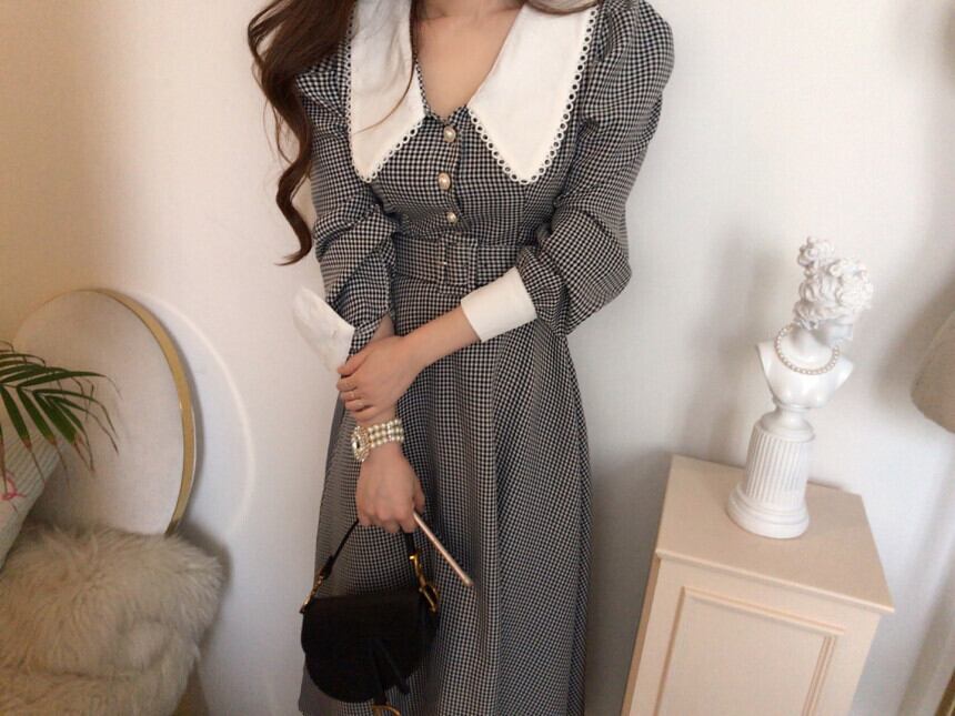 【dress】秋高級感 気質満点ドールカラーフランス風チェック柄ワンピース G1784