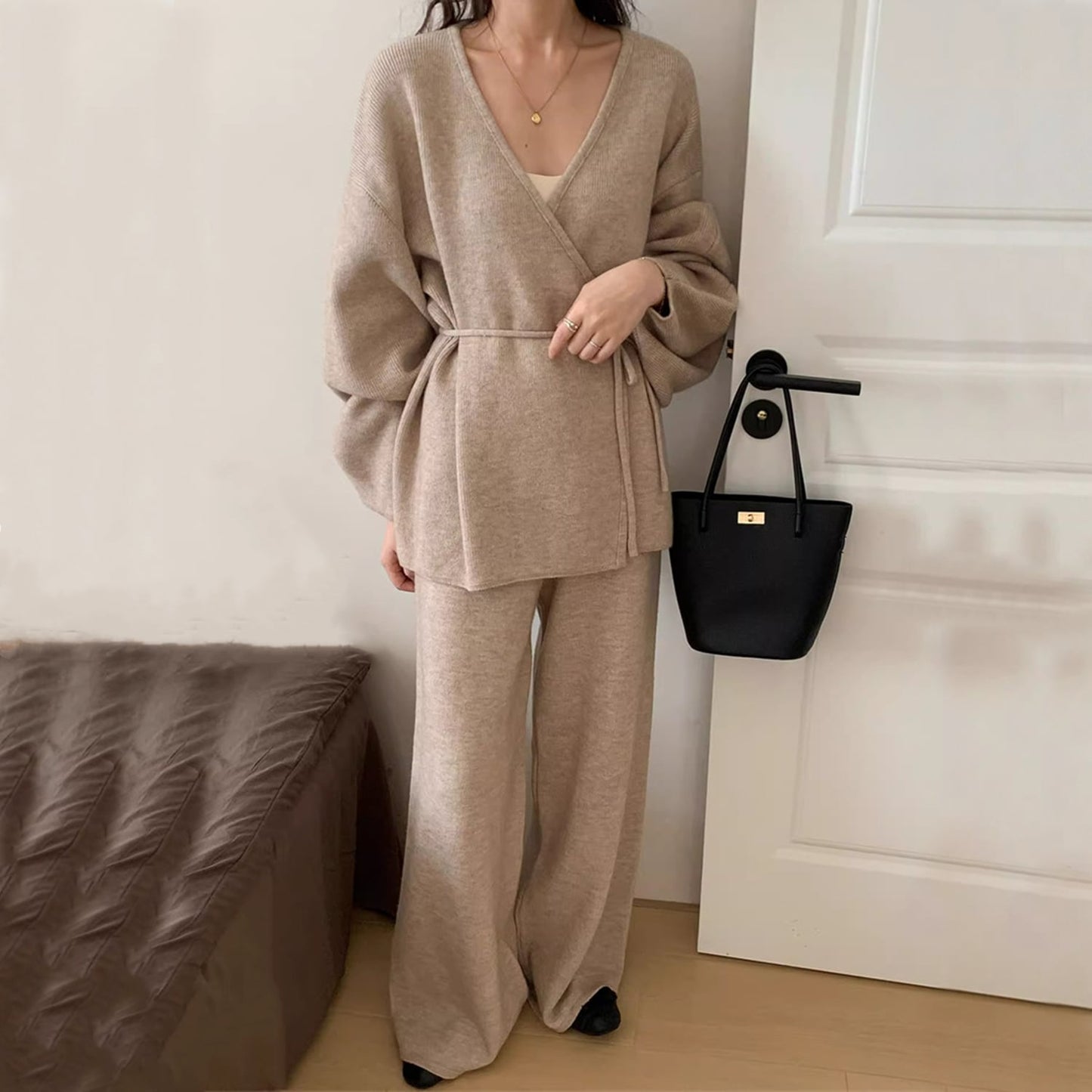 【set】カシュクールニットトップス×ワイドパンツセット　N2765
