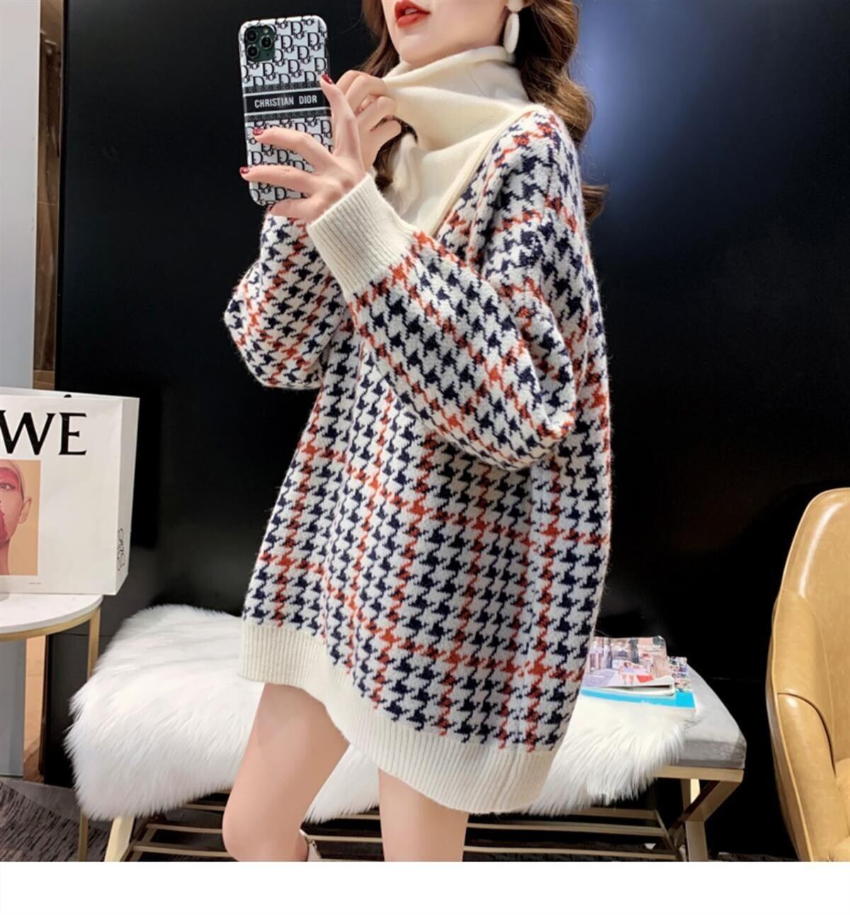 【tops】美人度アップ!韓国系ハイネック偽二つ切り替え秋冬ゆったりルーズ厚手セーター G3658