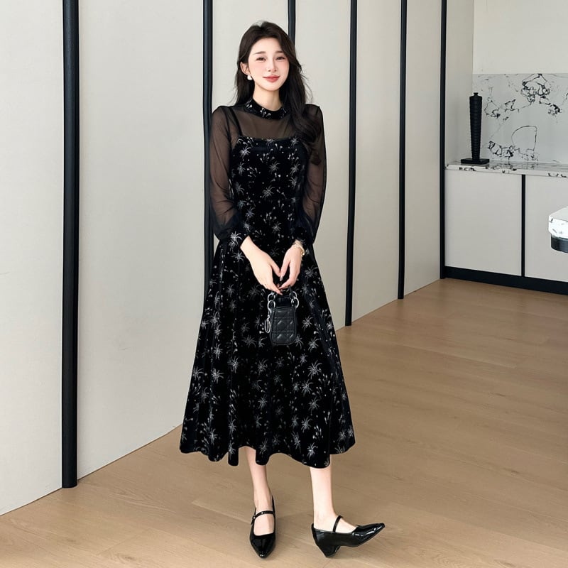 【dress】チュールドッキングベルベットワンピース Q7045