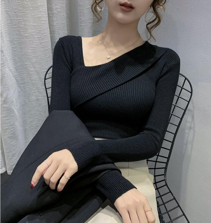 【tops】早い者勝ち! 長袖オブリークネック韓国ファッション着回しゆったりニットセーターW0782