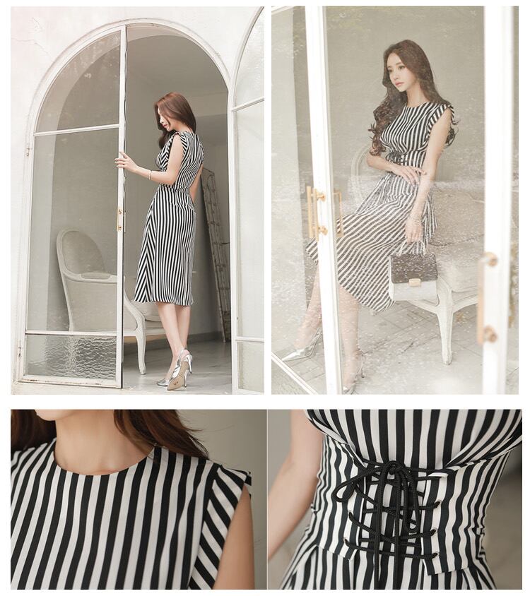 【dress】夏好感度UP!韓国風気質満点レトロラウンドネックストライプ柄ワンピース