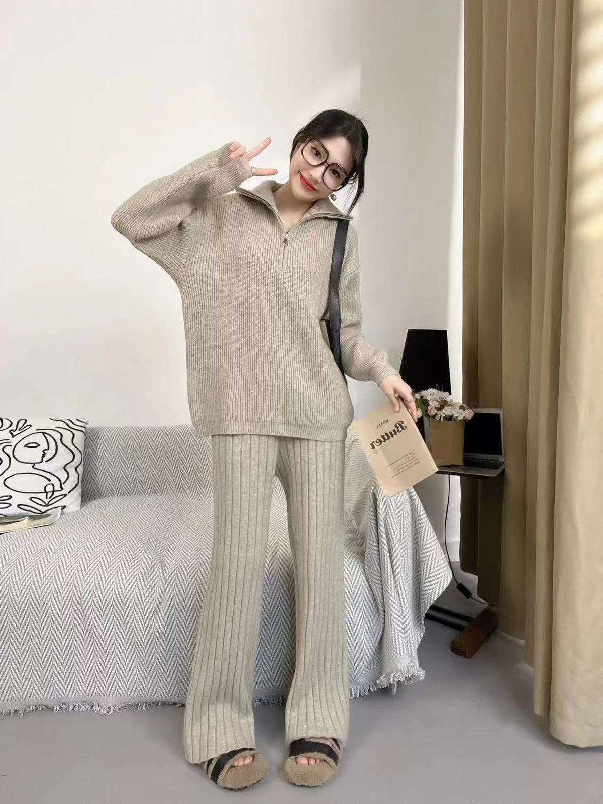 【set】ファスナーニットトップス+ワイドパンツセット　M26741