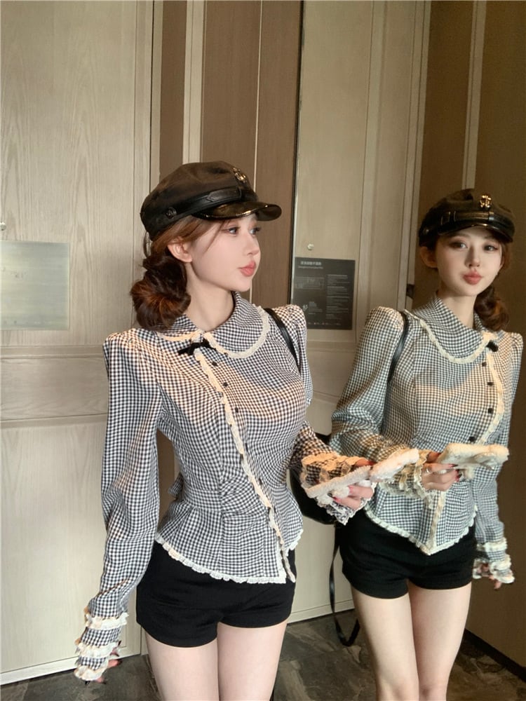 【tops】裹起毛チェック柄シャツトップス　M28587